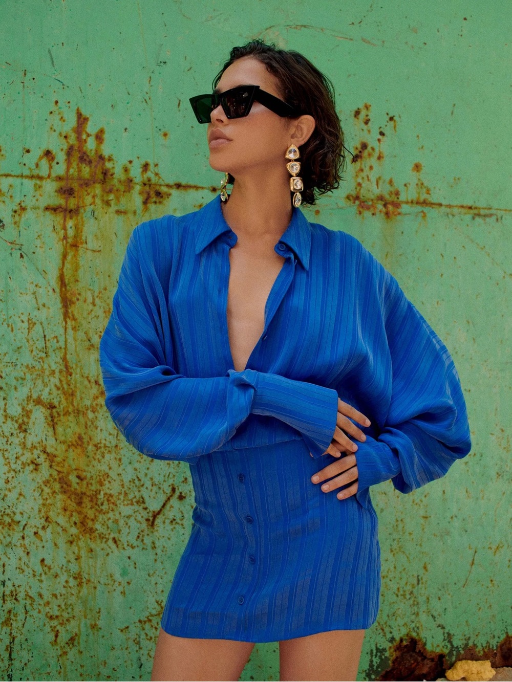 NWT Rat & Boa Harlowe Royal Blue Shirt Dress New Mini Long Sleeve Satin Classy
